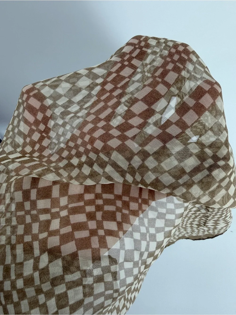 Echo Vintage 100% Silk Scarf Square Made in Italy Geometric Checkered Tan Brown
